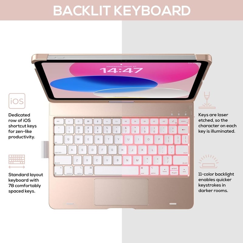 typecase Touch iPad 11th 10th Generation Case with Keyboard (11" 2025, A16 & 10.9" 2022) – 360° Rotatable, 11-Color Backlit, Multi-Touch Trackpad, Pencil Holder, Thin & Light – Rose Gold - Image 3